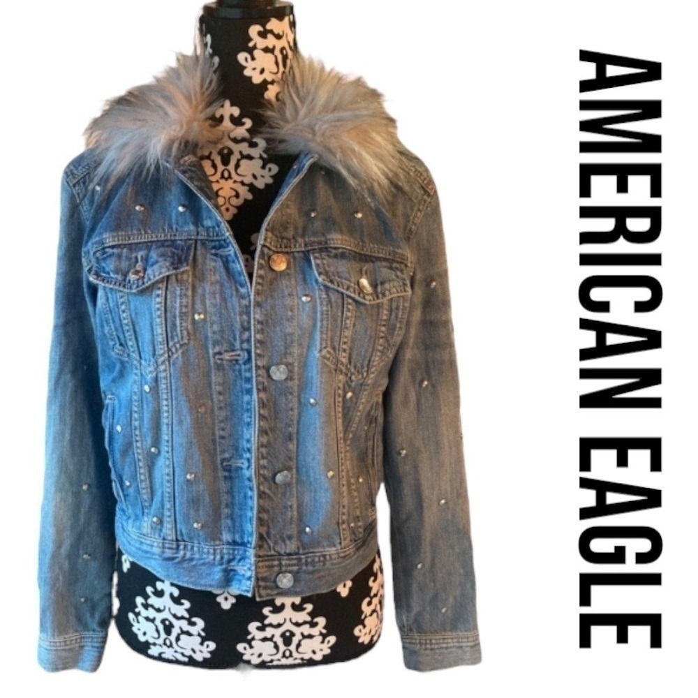 American Eagle Jean Jacket Faux Fur Collar Size XS Women's Like New